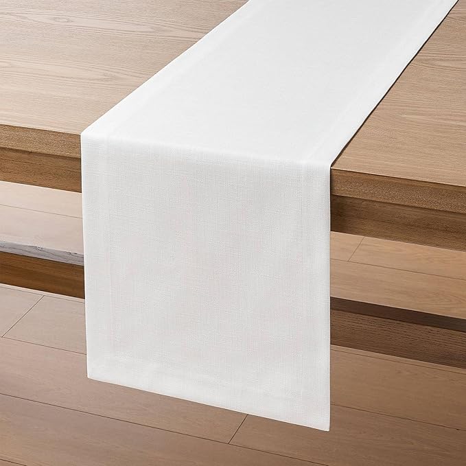 Linen Textured Border Table Runner, 14 x 36 Inch White | Mitered Corner Design - Image 7
