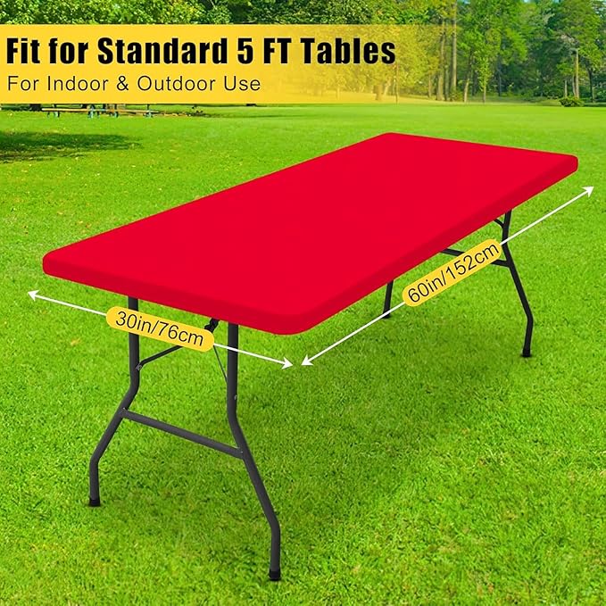 Smiry Rectangle Tablecloth, Elastic Fitted Flannel Backed Vinyl Tablecloths for 5ft Folding Tables, Waterproof Wipeable Table Covers for Indoor, Outdoor, Picnic and Camping (Red, 30"x60")