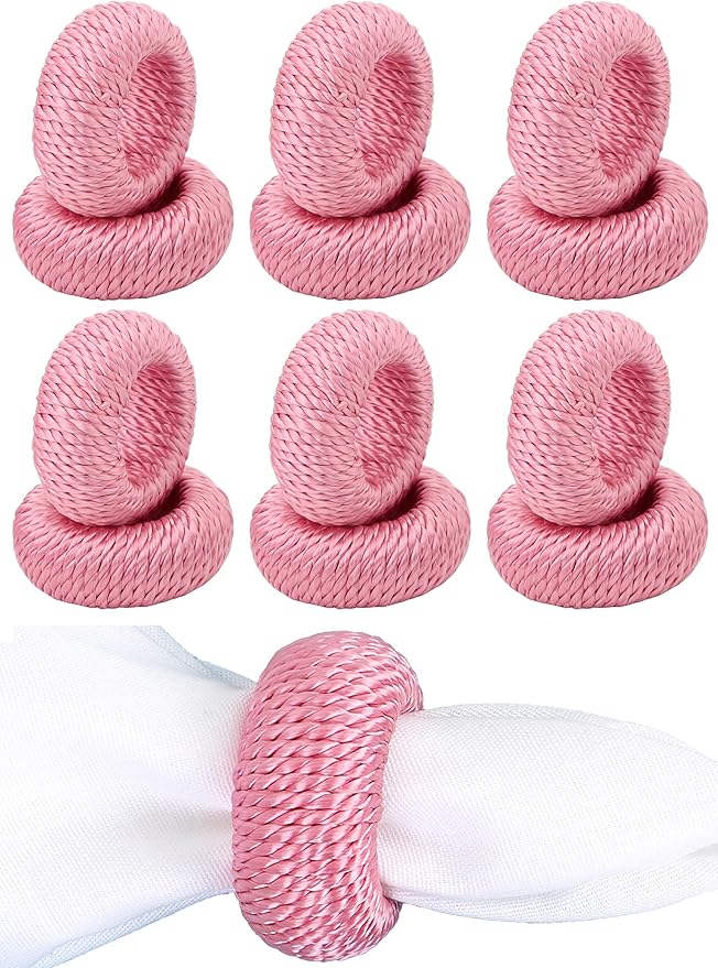 ALPHA Living HOME Napkin Rings for Dinner Table Set of 12 - Handmade Rayon Farmhouse Table Decor, Boho Chic Wedding Accessories, Holiday Party Decor, Dining Table Setting (Pink)