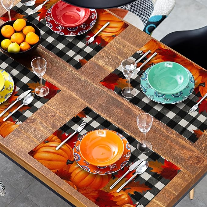 Pumpkins Placemats Set of 4 - Fall Buffalo Plaid Place Mats 12x18 Inch Autumn Farmhouse Pumpkin Table Mats for Kitchen Dining Room Thanksgiving Holiday Party