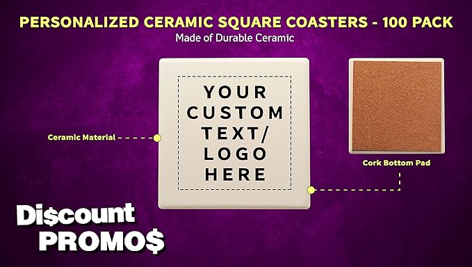 100 4" Square Ceramic Coasters Set - Customizable Text, Logo - Cork Bottom, Serve Ware - Natural