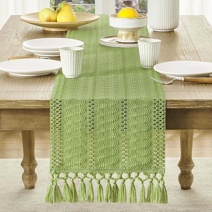 Macrame Style Boho Table Runner, 12x36 Inch Green | Woven Boho Table Runner - Image 2