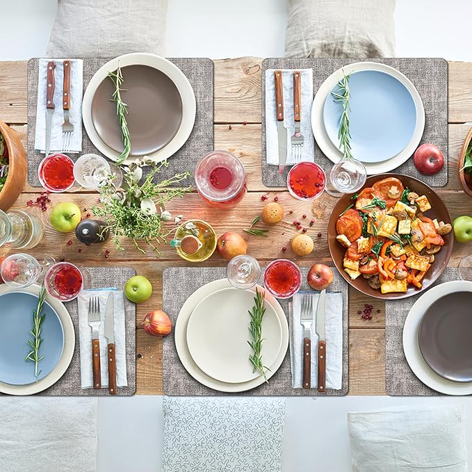 Placemats Set of 8 Washable, Heat Resistant Table Placemats Wipeable Faux Leather Place Mats Non Slip, Waterproof Square Table Mats for Indoor Outdoor, Light Grey
