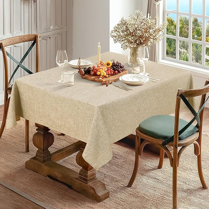 JIUZHEN Rectangle Table Cloth Faux Linen Farmhouse Tablecloth Wrinkle and Stain Resistant Decorative Fabric Table Cover for Kitchen, Dining Room, Parties and Camping, Beige, 60 x 140 Inch