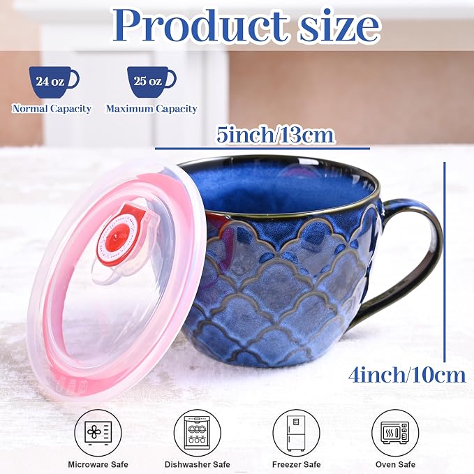 24 oz Ceramic Soup Mug with Handle & Lid, Large Microwave Safe Soup Bowl - Image 3
