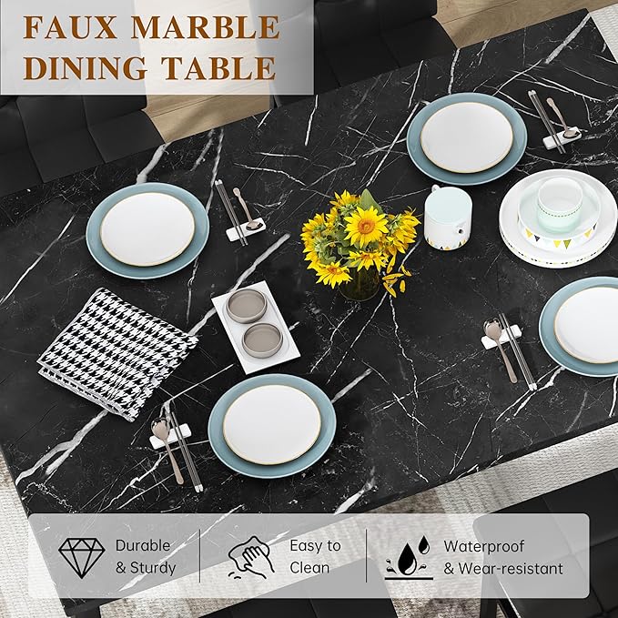AWQM Dining Table Set for 4,Faux Marble Kitchen Table and Chairs Set of 4, Modern Dining Room Table Set for 4,Dinner Table with 4 Leather Chairs, Dinette Set for Small Spaces (Black&Black)