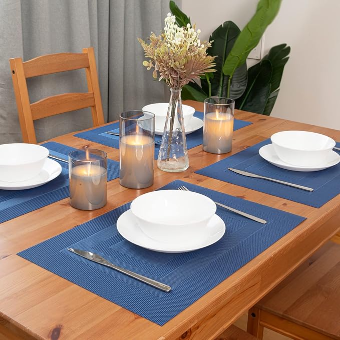 Winknowl Placemats Set of 4, Washable Vinyl Woven Placemats, Heat Resistant & Wipeable Table Mats for Kitchen Dining Table (Navy Blue)