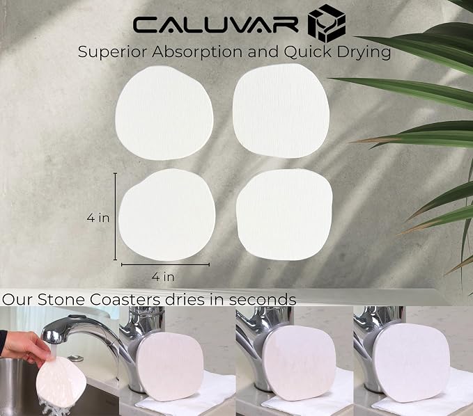 Stone Coasters Set of 4 White Sandstone, Water Absorbing Diatomaceous Earth - Image 3