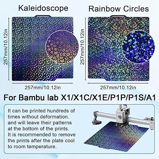 Smooth Rainbow Circles+Kaleidoscope PEK Build Plate for Bambu Lab X1/X1C/X1E/P1P/P1S/P2S/A1, Flexible X1C P1S P2S A1 PEK Spring Steel Bed Plate for Bambu Labs 257x257mm 3D Printers