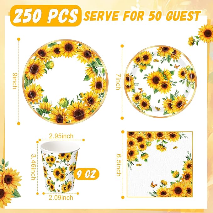 250 Pcs Sunflower Party Decorations Include Sunflower Paper Plates Napkins and - Image 3