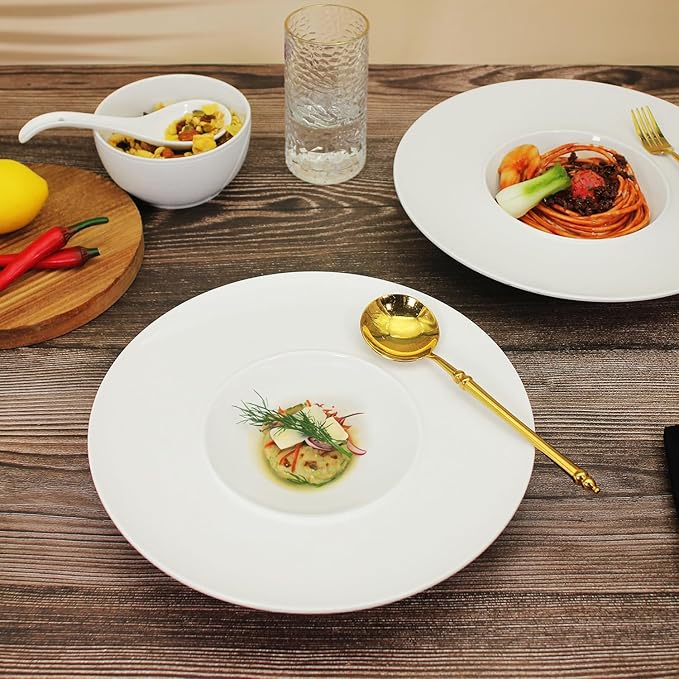 Ceramics Rimmed Soup Bowls 8.6 oz, White 11 inch Exquisite small soup plate Set of 4, Pasta plates With Rim is the best choice for hotels, kitchens, fine restaurants and gourmets