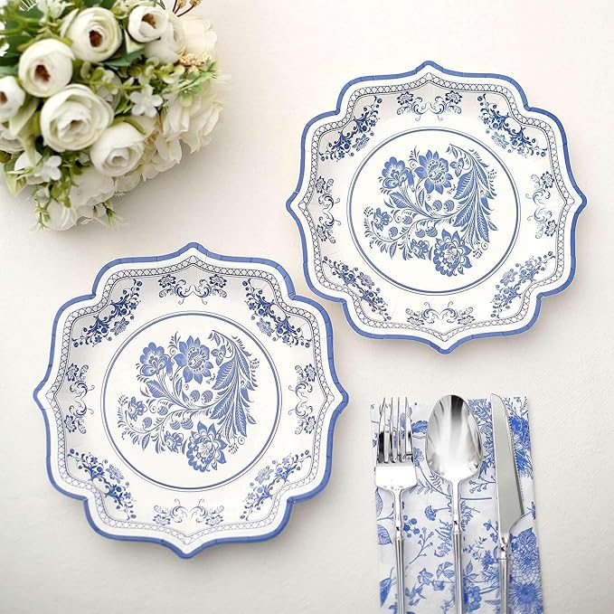 50 Pack 8" Light Blue French Toile Dessert Plates, Disposable Round Paper Floral Pattern Appetizer Salad Plates 300 GSM for Party Decoration