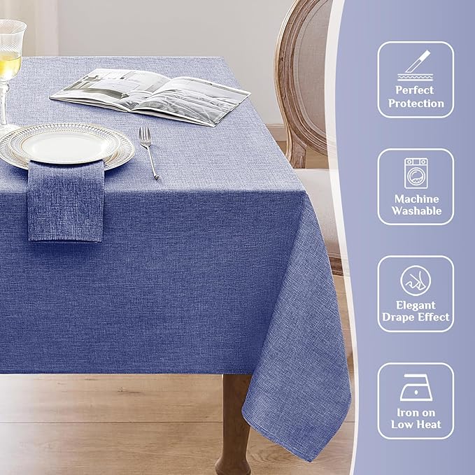 Softalker Extra Long Rectangular Tablecloths 60 x 120 inch Blue Faux Linen Table Cloth Outdoor Waterproof Stain and Wrinkle Resistant Table Cover for Spring Easter Party Picnic Decor Vintage Tabletop