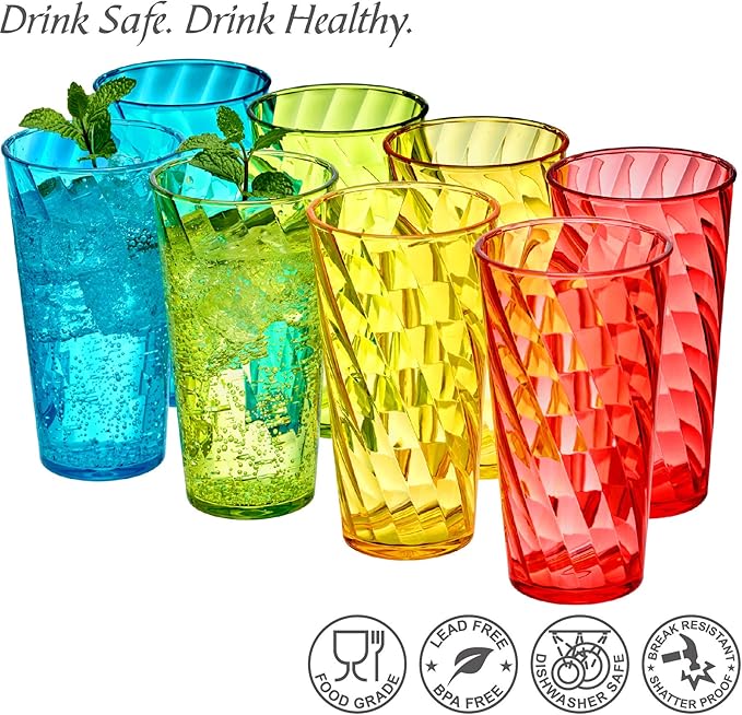 Amazing Abby - Glacier - 18-Ounce Plastic Tumblers (Set of 8), Plastic Drinking Glasses, Mixed-Color Reusable Cups, Stackable, BPA-Free, Shatter-Proof, Dishwasher-Safe