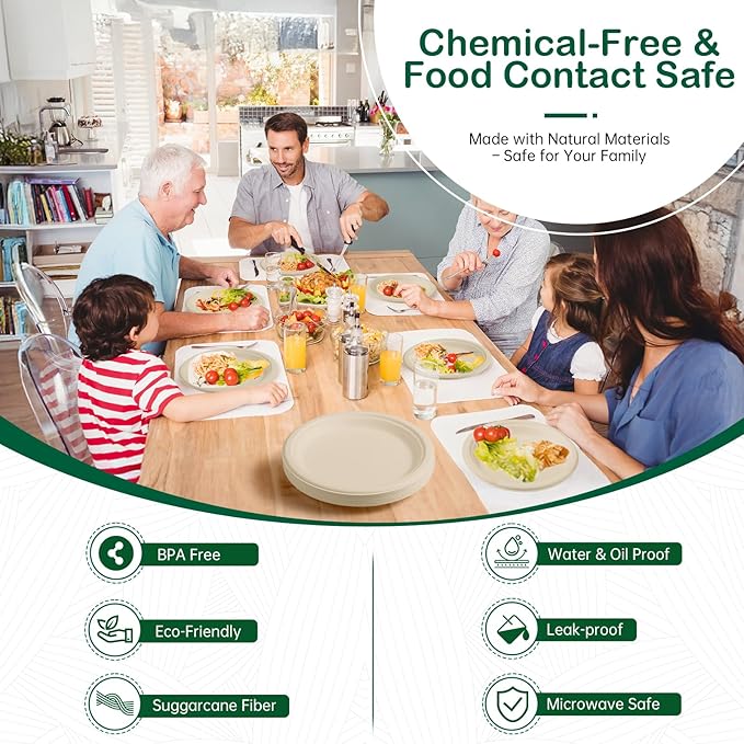 10 Inch 128 Pack Compostable Disposable Paper Plates, Large Round Dinner Plates, Heavy Duty Sugarcane Bagasse, Biodegradable Eco-Friendly for Parties & Daily Use, Natural