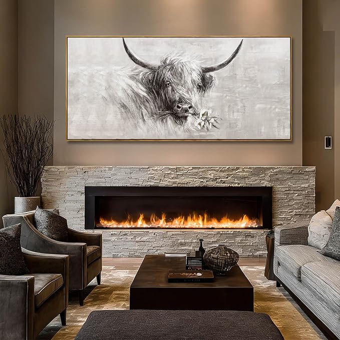 Framed Extra Large Gray Gold and White Cow Canvas Wall Art with Flower Modern Farmhouse Animal Poster for Living Room Bedroom Office Wall Decor 40x88 Inch