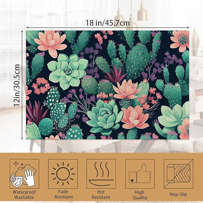 Placemats Set of 6,Cactus Flowers Table Mats,Tropical Succulent Washable Linen Table Mats,Non-Slip Heat Resistant Placemats for Party Kitchen Dining Indoor Outdoor 12"x18"