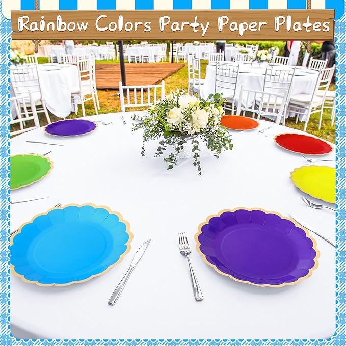 96 Pcs Rainbow Paper Plates 9 Inch Gradient Scalloped Paper Plates Disposable Dinner Dessert for Birthday Wedding Bridal Party Supplies, 6 Colors