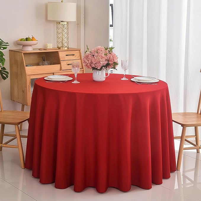 6-Pack Round 120-inch Red Table Cloths, Solid Stain and Wrinkle Resistant Circular Tablecloth, Premium Plain Weave Polyester Fabric Table Linen Covers for Hotel, Banquet