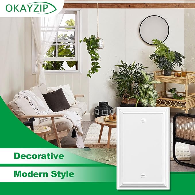 White Decorative Single Blank Light Switch Covers Wall Plate, Natural Material Switch Plates Outlet Covers - Modern Style (1 Gang Blank 4 Pack)