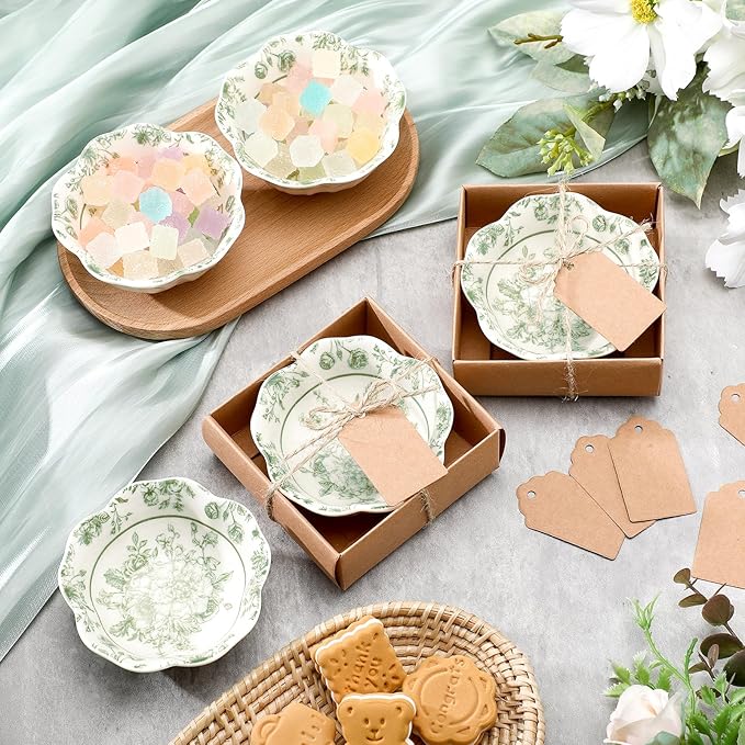 96 Pcs Wedding Favors for Guests Small Ceramic Bowl Bulk Gifts Set 3.3 Inch Floral Design Mini Dipping Sauce Dish with Card Box for Bridal Pooja Baby Shower Birthday Guest Gift (Sage Green)