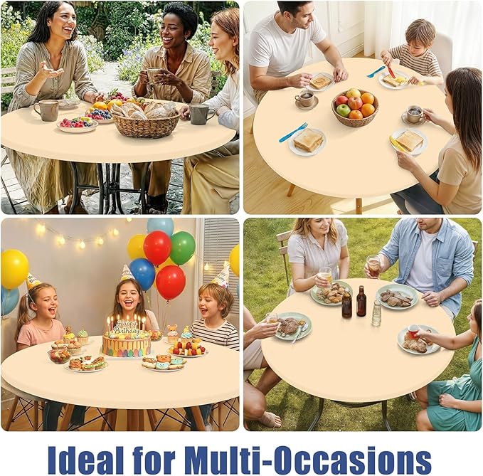 Round Spandex Tablecloth, Elastic Fitted Waterproof Tablecloths for 57"-68" Tables, Stretch Washable Picnic Table Cover for Camping, Dining, Indoor and Outdoor,Ivory