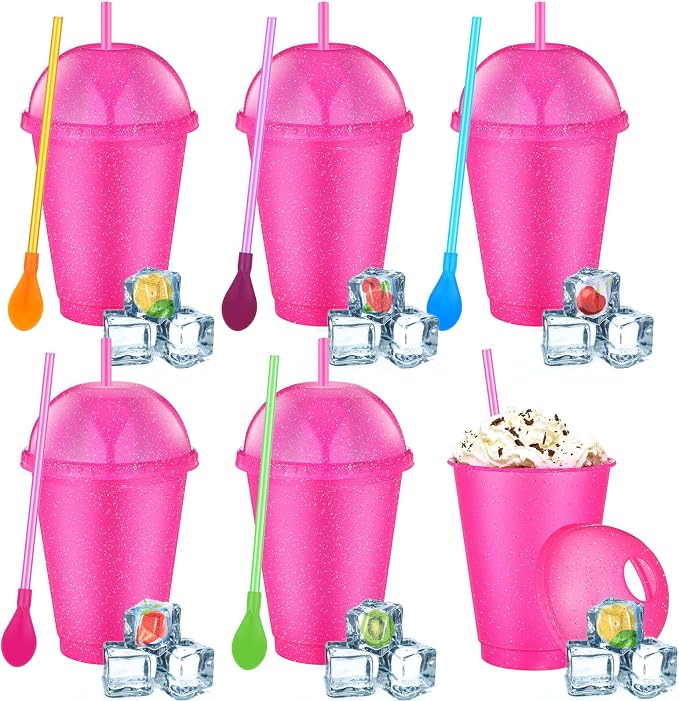 6 Set Slushie Cups with Dome Lids and Straws Detachable Spoon Straws Reusable by Unknown