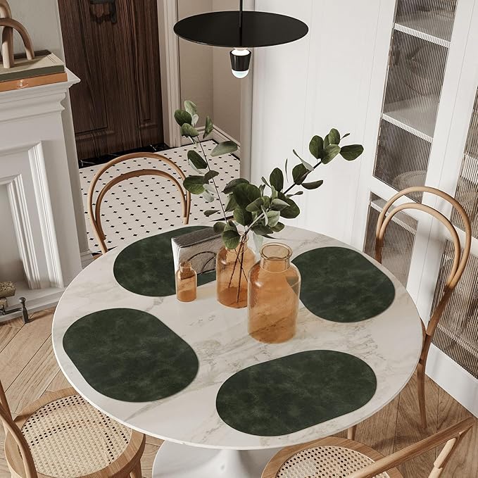 ADRIMER Placemats, Heat Resistant Oval Placemats Set of 8 Washable 12 x 17 Inch, Waterproof Table Mats, Wipeable Pu Place Mats for Kitchen, Dining Room, Olive Green