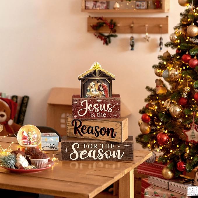 Moucuny 4 Pcs Christmas Table Decoration Christian Wooden Stacked Block - Image 6