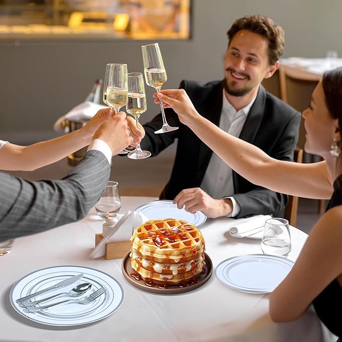 100 PCS Silver Plastic Plates, Silver Plastic Disposable Plates Include 50 Dinner Plate and 50 Dessert Plate Perfect for Holiday, Birthday, Wedding & Party