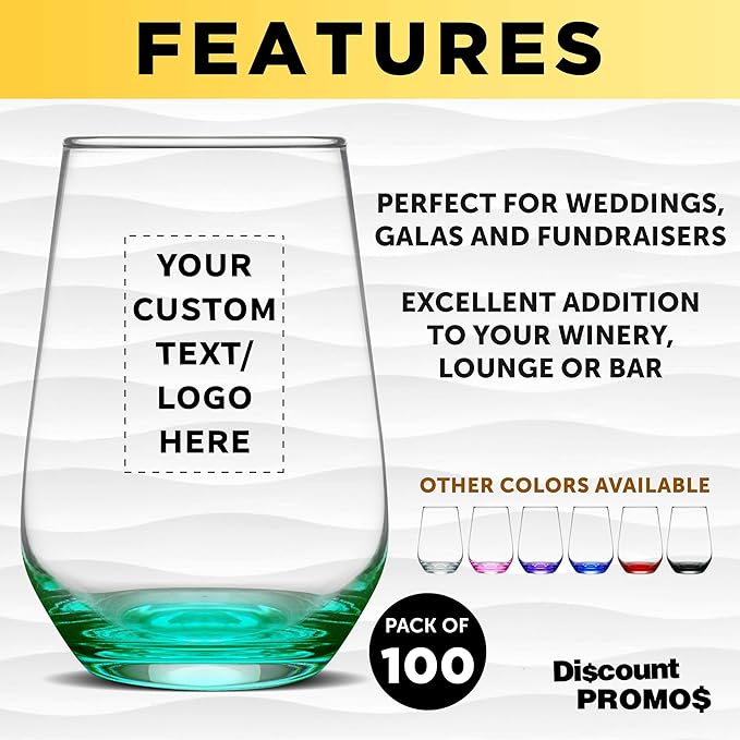 DISCOUNT PROMOS 100 Vaso Silicia Stemless Wine Glasses Set, 16 oz. - Personalized Text, Logo - Clear, Orb-Like, Thick base - Green