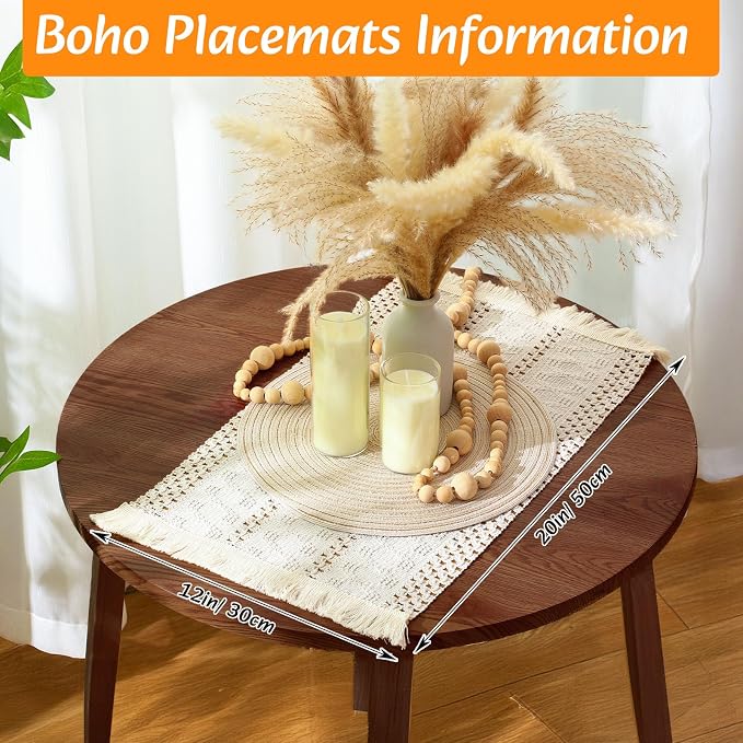 4 Sets Boho Decoration Placemats Round Woven Placemats, Cloth Napkins, Wood - Image 3