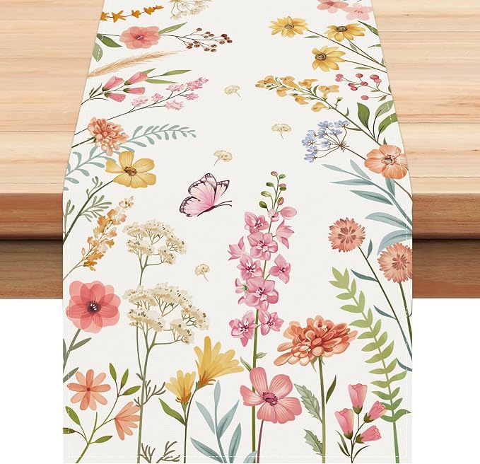 Bonhause Spring Floral Table Runner 13x72 Inch Pink Flowers Green Leaves by Bonhause