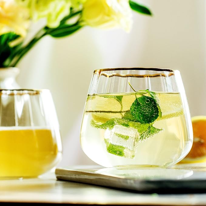 Lysenn Stemless Wine Glasses Set of 4 - Premium Hand Blown Drinking Glasses for White and Red Wine - Elegant Wide Vertical Stripe and Gold Rim Design - Clear 11.8oz