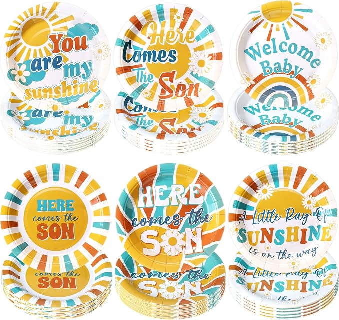 Gerrii 60 Pcs Here Comes the Son Baby Shower Party Plates Boho7 Inch Sun by Gerrii
