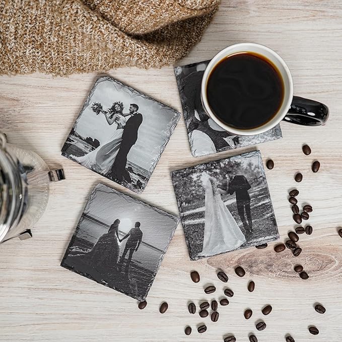 Blue Ridge Mountain Gifts - Custom Coasters Printed with with Your Images, Wedding for Bride and Groom, Wedding Photo Collage, Picture Prints, Personalized Square Coasters Set
