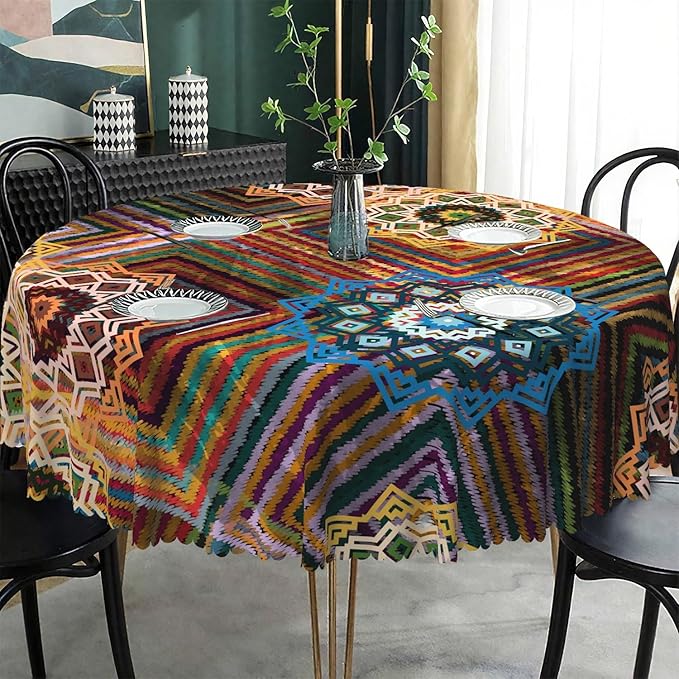 Laeacco 36 Inch Colorful Patchwork Round Tablecloth Woven Flowers Geometric Abstract Art Print Table Cloth Washable Waterproof Wrinkle Free Table Cover for Kitchen Dining Picnic Party Decoration