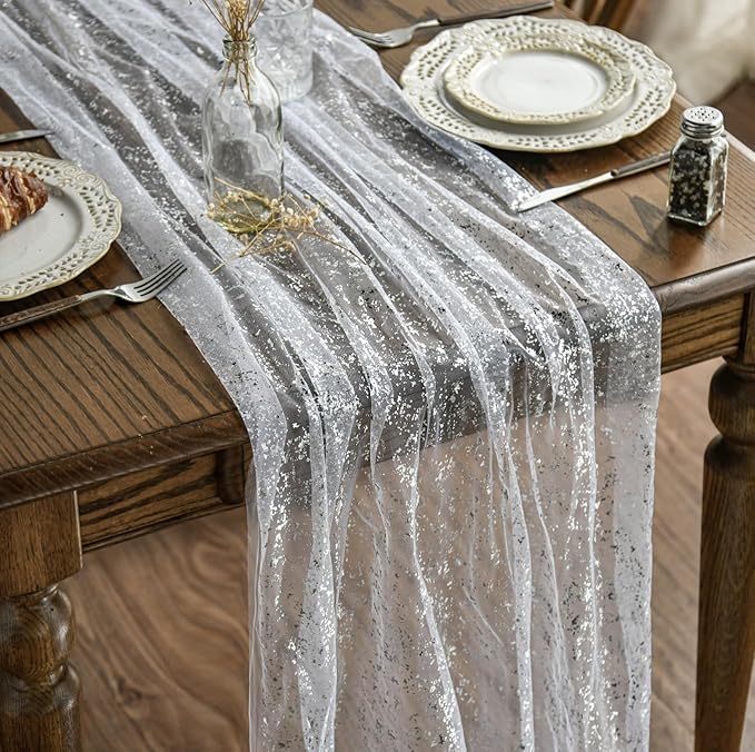 Artoid Mode White Silver Gauze Table Runner 120 Inch 10Pcs, Glitter Metallic Foil Sheer Dining Holiday Wedding Anniversary Birthday Table Decor for Home Party