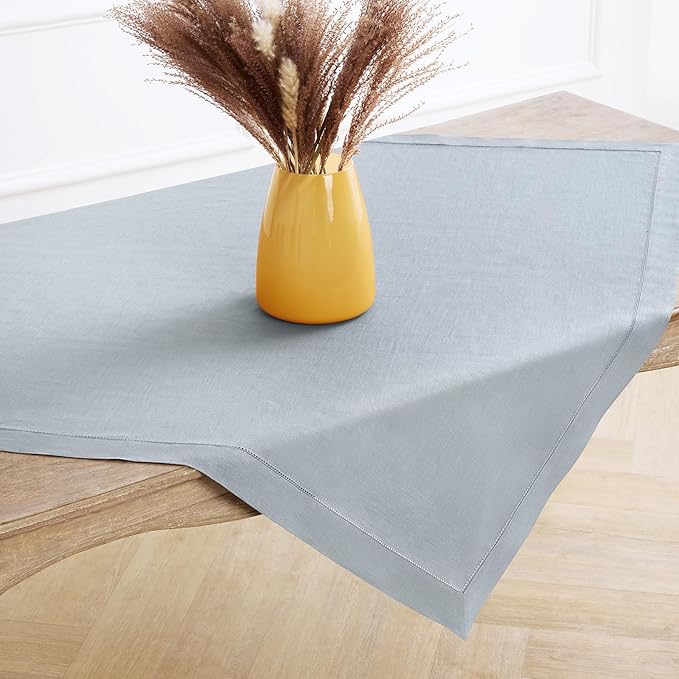 Solino Home Linen Tablecloth 52 x 52 Inch - 100% Pure Linen Dusty Blue Square Tablecloth - Classic Hemstitch, Machine Washable Table Throw for Winter, Spring, Easter