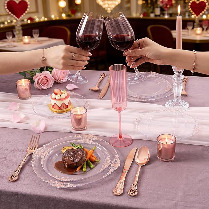 102PCS Rose Gold Plastic Plates - Clear Rose Gold Plate - Heavy Duty Disposable Plates - Fancy Disposable Dinner & Dessert Plate for 51 Guests for Party & Wedding & Valentines