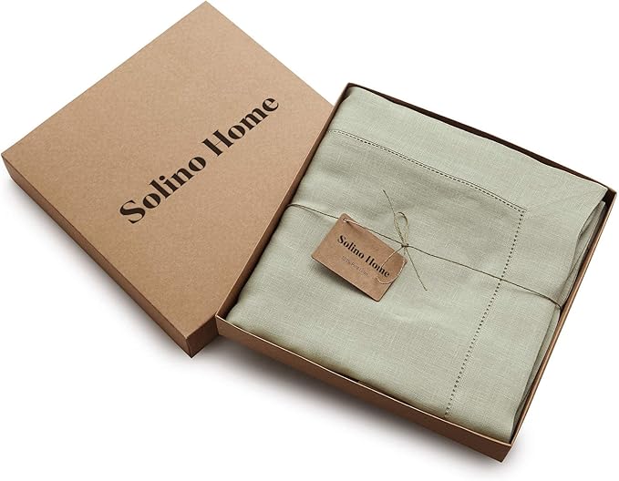 Solino Home Linen Sage Green Tablecloth 60 x 144 Inch - Classic Hemstitch, 100% Pure Linen Rectangular Tablecloth - Machine Washable Table Cloth for Winter, Spring, Easter, St Patricks Day
