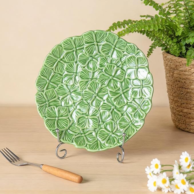 KAMMAK Ceramic Decorative Plate Set of 2, Porcelain Plates for Kitchen Dining Room Wine Cabinet Home Decor, Vintage Collector Plates with 2 Display Stand, Green Flowers (8-inch + 10-inch)