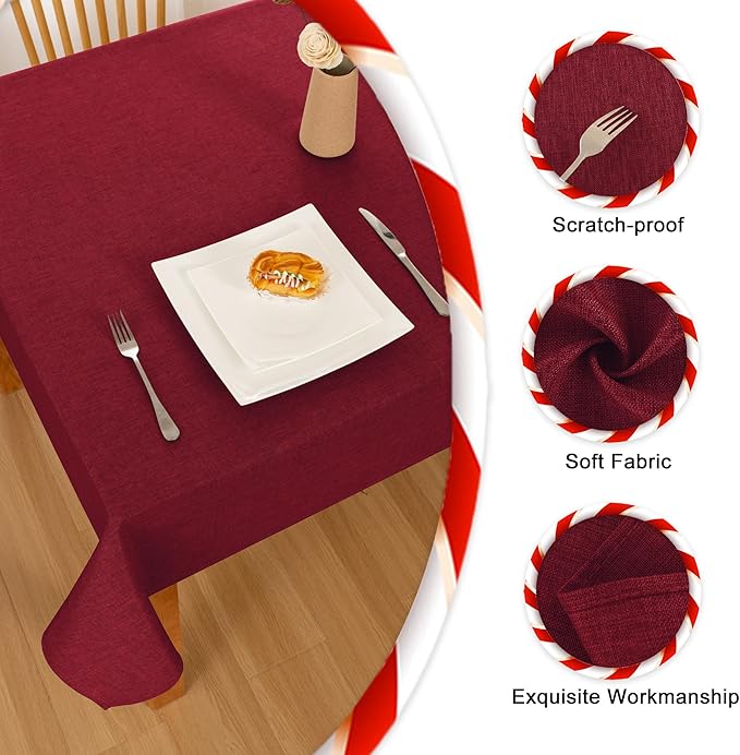 Hiasan Faux Linen Rectangle Tablecloth - Wrinkle and Stain Resistant Washable Table Cloth for Kitchen Dining Room Holiday Table Cover for Dinner, Red, 60 x 102 Inch