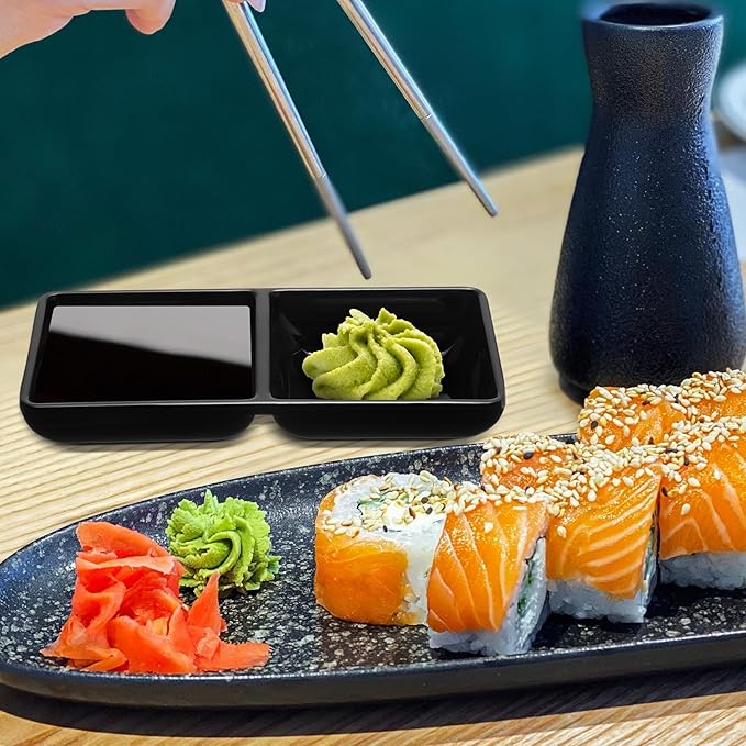 6 Pcs Dual Dipping Sauce Bowls Soy Sauce Dish Bowls Two Compartments Party Trays Divided Fondue Plates for Restaurant Kitchen Sushi Soy