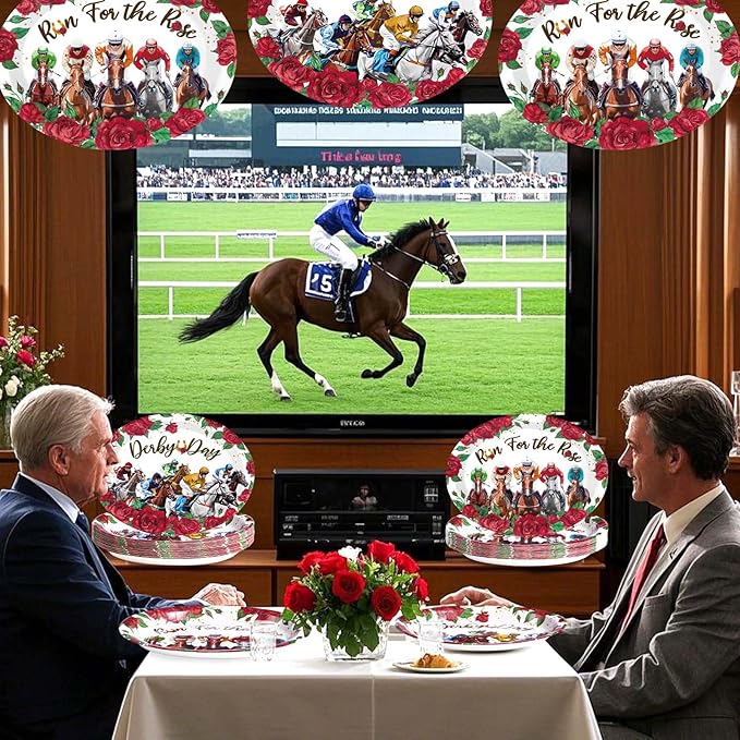 Grencian 50PCS Derby Oval Paper Plates 10" X 12" Disposable Heavy Duty Derby Horse Racing Plates Run for The Roses Dinnerware for Horse Race Day Boys Girl Birthday Party Decorations