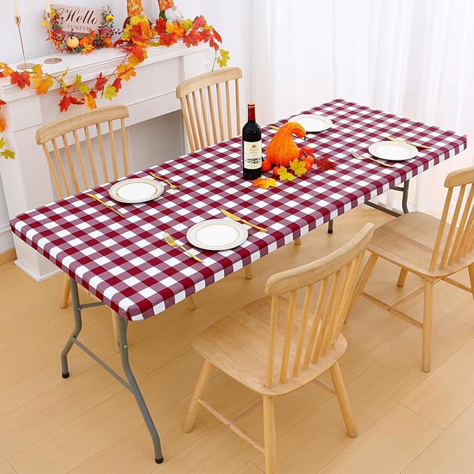 Smiry Rectangle Picnic Table Cloth, Elastic Waterproof Fitted Vinyl Tablecloths, Flannel Backed Buffalo Plaid Table Covers for Dining, Camping, Outdoor (Burgundy and White, 30" x 60")
