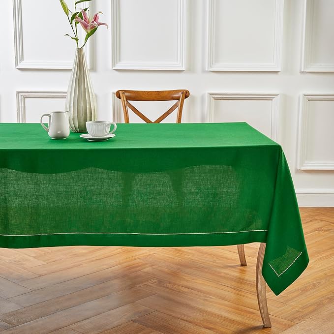 Solino Home Garden Green Linen Tablecloth 60 x 120 Inch - 100% Pure Linen Hemstitch Table Cloth for Rectangle Tables - Classic Hemstitch, Washable Tablecloth for Winter, St Patricks Day, Easter