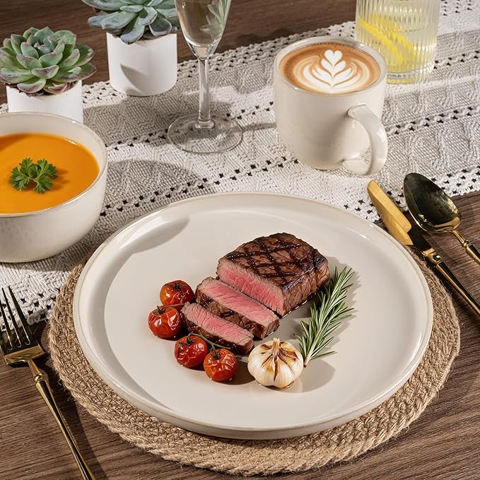 GBHOME Ceramic Dinnerware Sets for 8, 24 Pieces Stoneware Plates and Bowls Sets, Scratch Resistant Dishes, Dishwasher & Microwave Safe, Reactive Glaze-Vanilla color