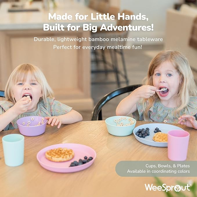 WeeSprout Bamboo Kids Bowls with Lids, Set of Four 10 oz Kid-Sized Dinnerware, Cereal, Leftovers & Snack Bowl, Dishwasher Safe (Blue, Green, Gray, & Beige)