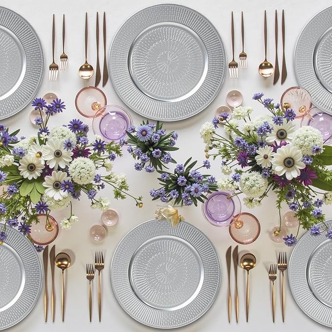 PROY 50 Pcs Silver Charger Plates Bulk, 13 Inch Silver Chargers for Dinner Plates Plastic Reusable Round Charger Platters for Table Setting, Wedding, Party, Event